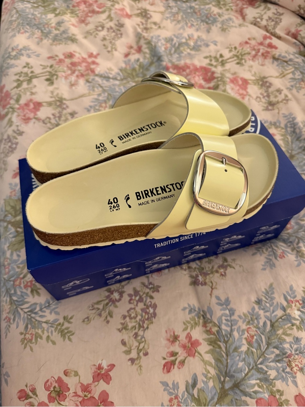 Birkenstock Madrid Sandals in Shine Butter with Silver Buckle